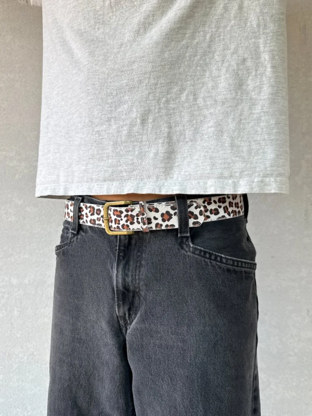 White Cheetah Leopard Faux Pony Hair Belt Brass Buckle